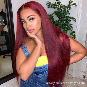 Red Color 99J# Color Human Wig With Transparent Lace Wigs Long And Straight Brazilian Hair With Lace front wig For Black Women